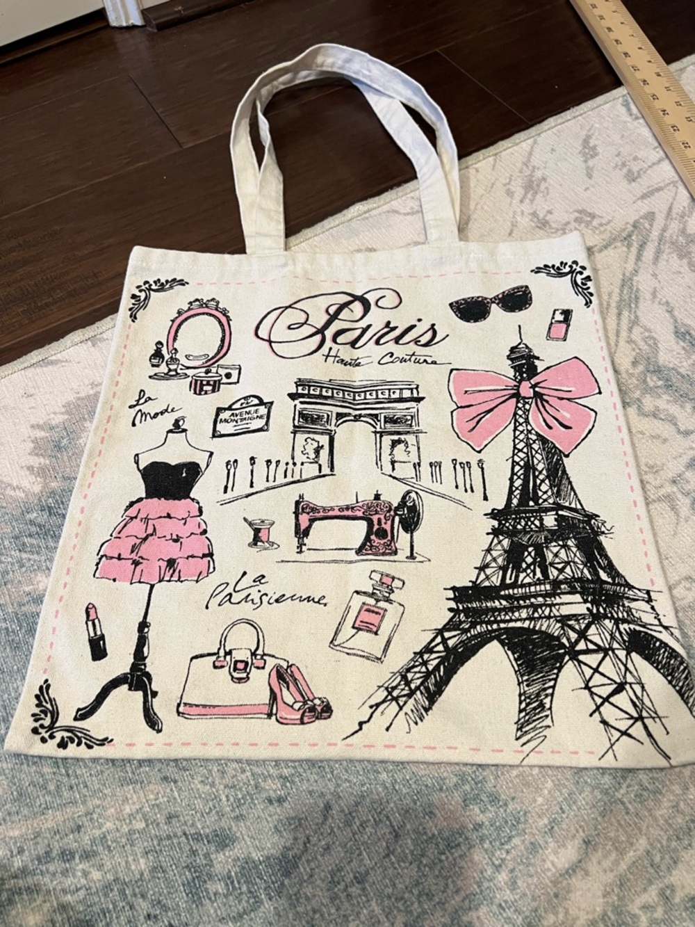 Paris Print Cotton Tote Bag with Pink Accents